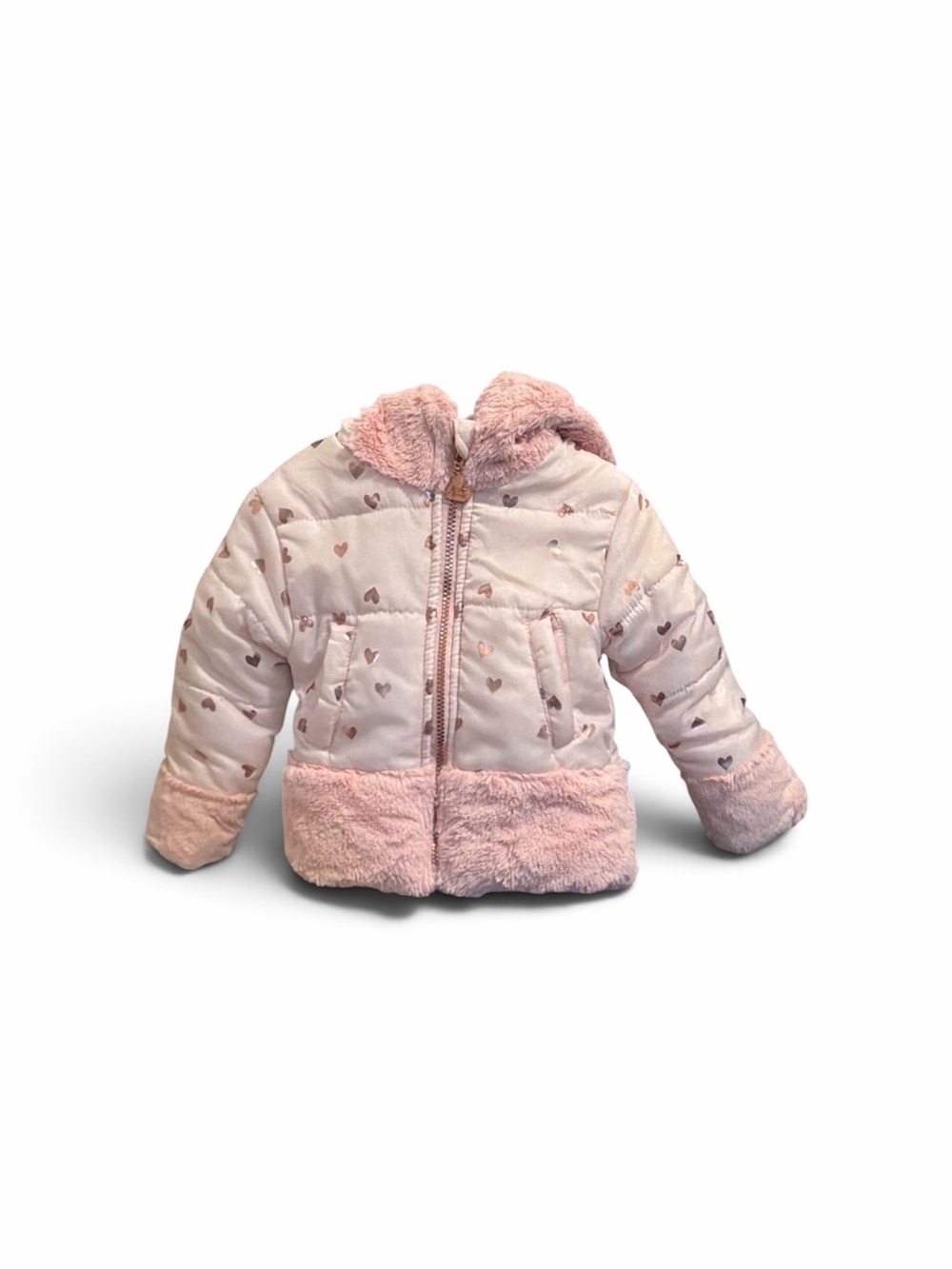 Kids Pink Heart Puffer Jacket with Faux Fur Trim